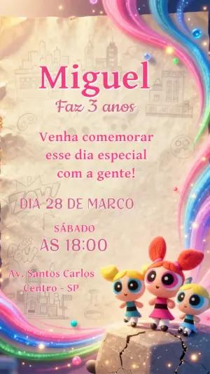 Convite Meninas Superpoderosas 3D para Aniversário Editável