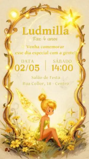 Convite de Aniversário Sininho Dourado Mágico Editável