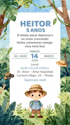Convite de Aniversário Infantil Tema Safari Explorador Editável