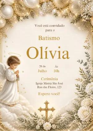 Convite de Batismo Anjinho Dourado e Branco Editável