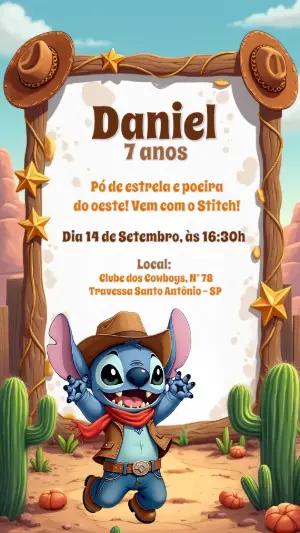 Convite de Aniversário Stitch Cowboy para Editar Online