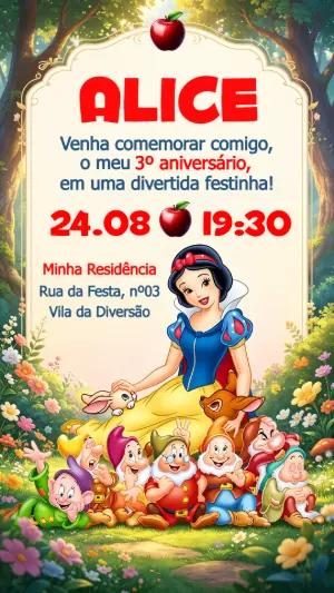 Convite de Aniversário Branca de Neve Infantil Editável