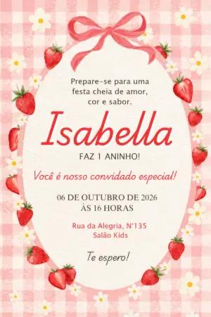 Convite de Aniversário Tema Morango Aquarela para Editar