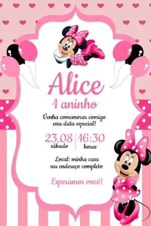 Convite de Aniversário Minnie Rosa Editável para Menina