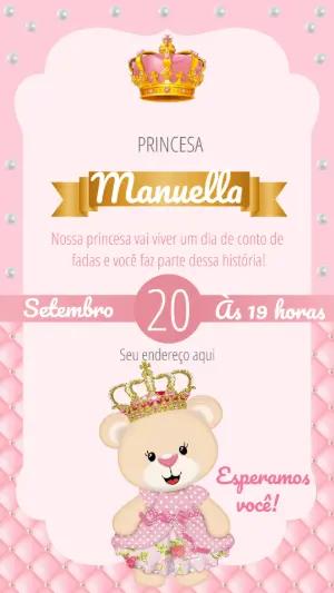 Convite Digital Aniversário Ursinha Princesa Editável