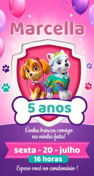 Convite de Aniversário Patrulha Canina Menina Rosa Editável
