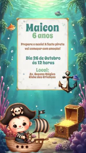 Convite de Aniversário Pirata no Fundo do Mar para Editar