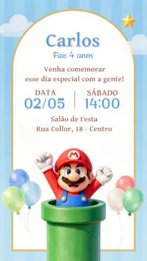 Convite de Aniversário Super Mario Infantil Editável