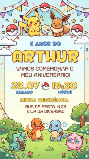 Convite de Aniversário Pokémon: Modelo Infantil Editável com Pikachu
