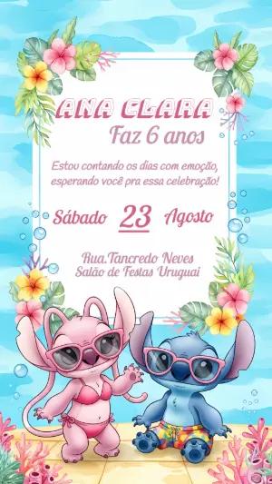 Convite de Aniversário Stitch e Angel Tropical para Editar