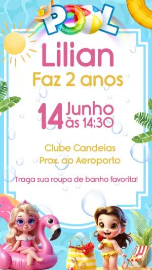 Convite Aniversário Pool Party Princesas para Editar Online