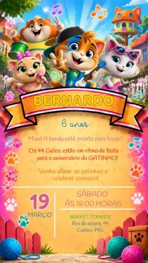 Convite de Aniversário 44 Gatos para Editar Online