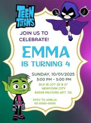Editable Teen Titans Birthday Invitation with Raven & Beast Boy
