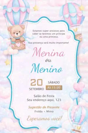 Convite Chá Revelação Ursinho Baloeiro Editável