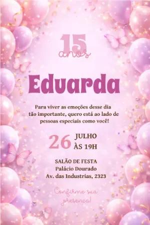 Convite de 15 Anos Rosa com Balões e Borboletas Editável