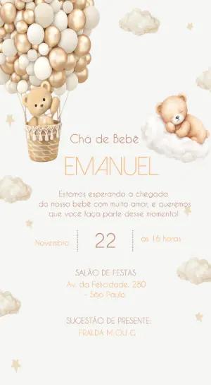 Convite Chá de Bebê Ursinho no Balão Editável