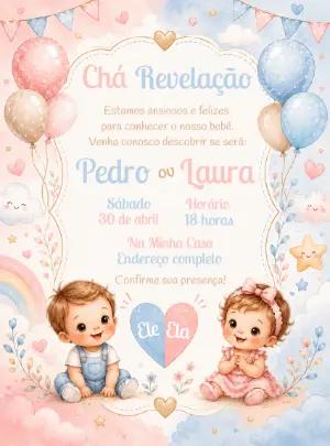 Convite Chá Revelação Aquarela com Bebês para Editar