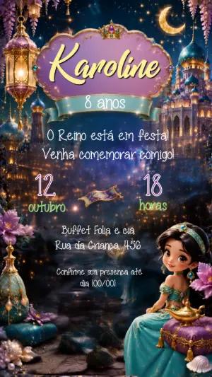 Convite de Aniversário Princesa Jasmine | Modelo Editável