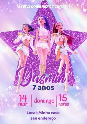 Convite de Aniversário Guerreiras do Kpop Glitter para Editar