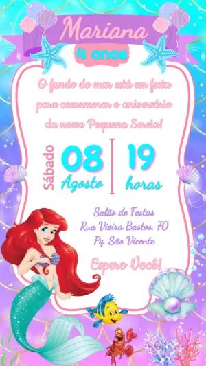 Convite de Aniversário Pequena Sereia Fundo do Mar Editável