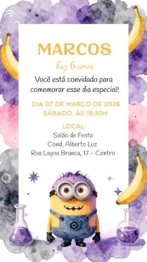 Convite de Aniversário Minion Roxo Cientista para Editar