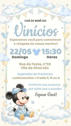 Convite Digital Chá de Bebê Mickey Baby Azul Editável