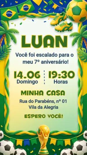 Convite de Aniversário Futebol Brasil Verde e Amarelo Editável