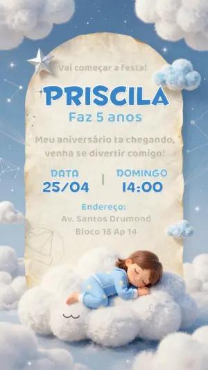 Convite de Aniversário Sonhos e Nuvens Modelo Digital Editável