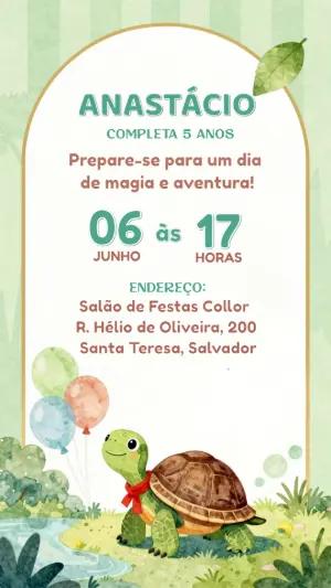 Convite de Aniversário Tartaruga Fofa Aquarela para Editar