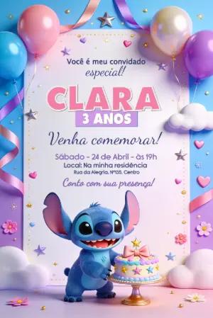 Convite de Aniversário Stitch Editável para Festa Infantil