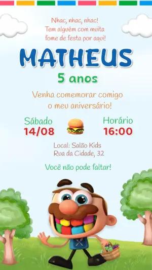 Convite de Aniversário Infantil Comilão Colorido para Editar