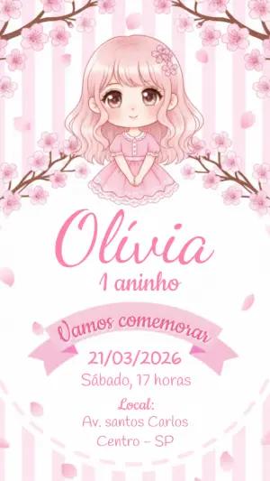 Convite de Aniversário Menina Tema Sakura Rosa Editável