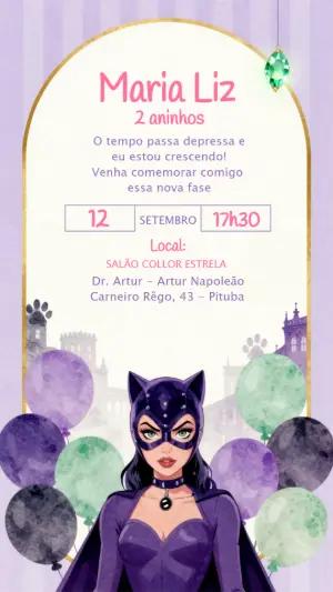 Convite de Aniversário Mulher-Gato Roxo para Editar Online