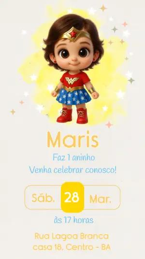 Convite de Aniversário Mulher Maravilha Fofa Modelo Editável
