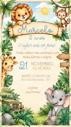 Convite de Aniversário Safari Animais Fofos para Editar