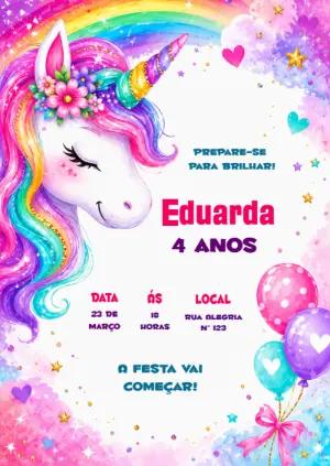 Convite de Aniversário Unicórnio Arco-Íris Editável