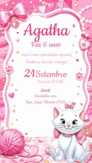 Convite de Aniversário Gatinha Marie Rosa para Editar