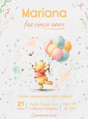 Convite de Aniversário Ursinho Pooh Aquarela Editável
