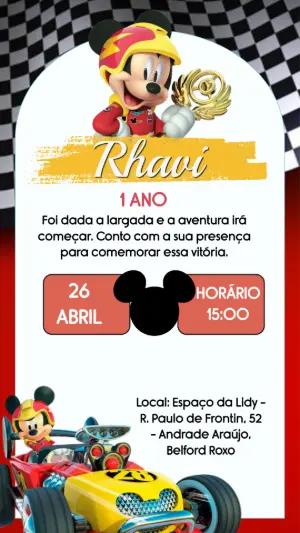 Convite de Aniversário Mickey Piloto de Corrida Editável