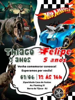 Convite Aniversário Duplo Dinossauro e Hotwheels para Editar