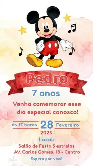 Convite de Aniversário Mickey Mouse Aquarela para Editar