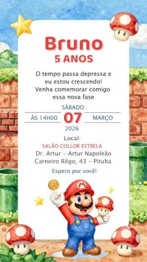 Convite Digital Aniversário Infantil Tema Mario Bros Editável