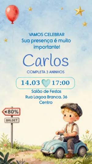 Convite Aniversário Infantil Menino Carrinho Aquarela Editável
