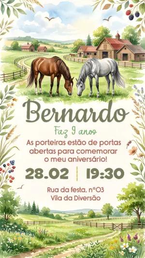 Convite de Aniversário Haras com Cavalos Aquarela Editável