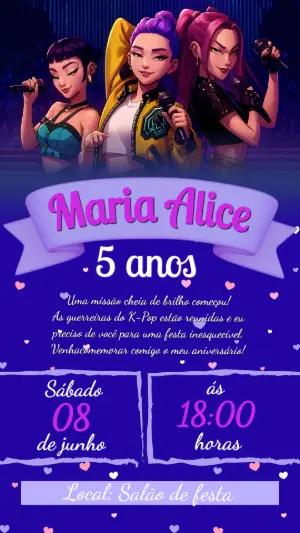 Convite de Aniversário Guerreiras do K-pop Editável