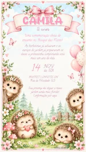Convite de Aniversário Ouriço no Bosque Encantado Editável