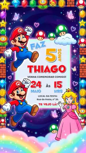 Convite de Aniversário Super Mario Galaxy Modelo Digital Editável