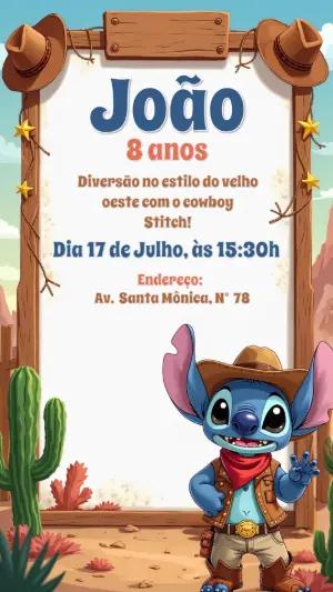 Convite de Aniversário Stitch Cowboy para Editar Online