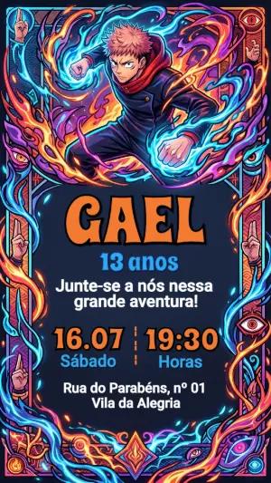 Convite de Aniversário Jujutsu Kaisen Estilo Anime Editável
