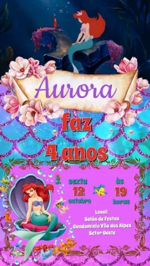 Convite Animado Aniversário Sereia Ariel para Editar Online